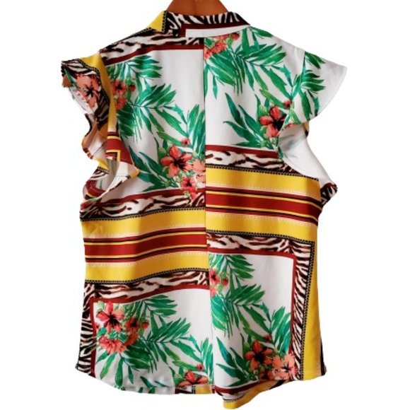 7th Avenue New York & Co. Tulip Yellow Split-Neck Flutter Sleeve Blouse Medium - Picture 4 of 12